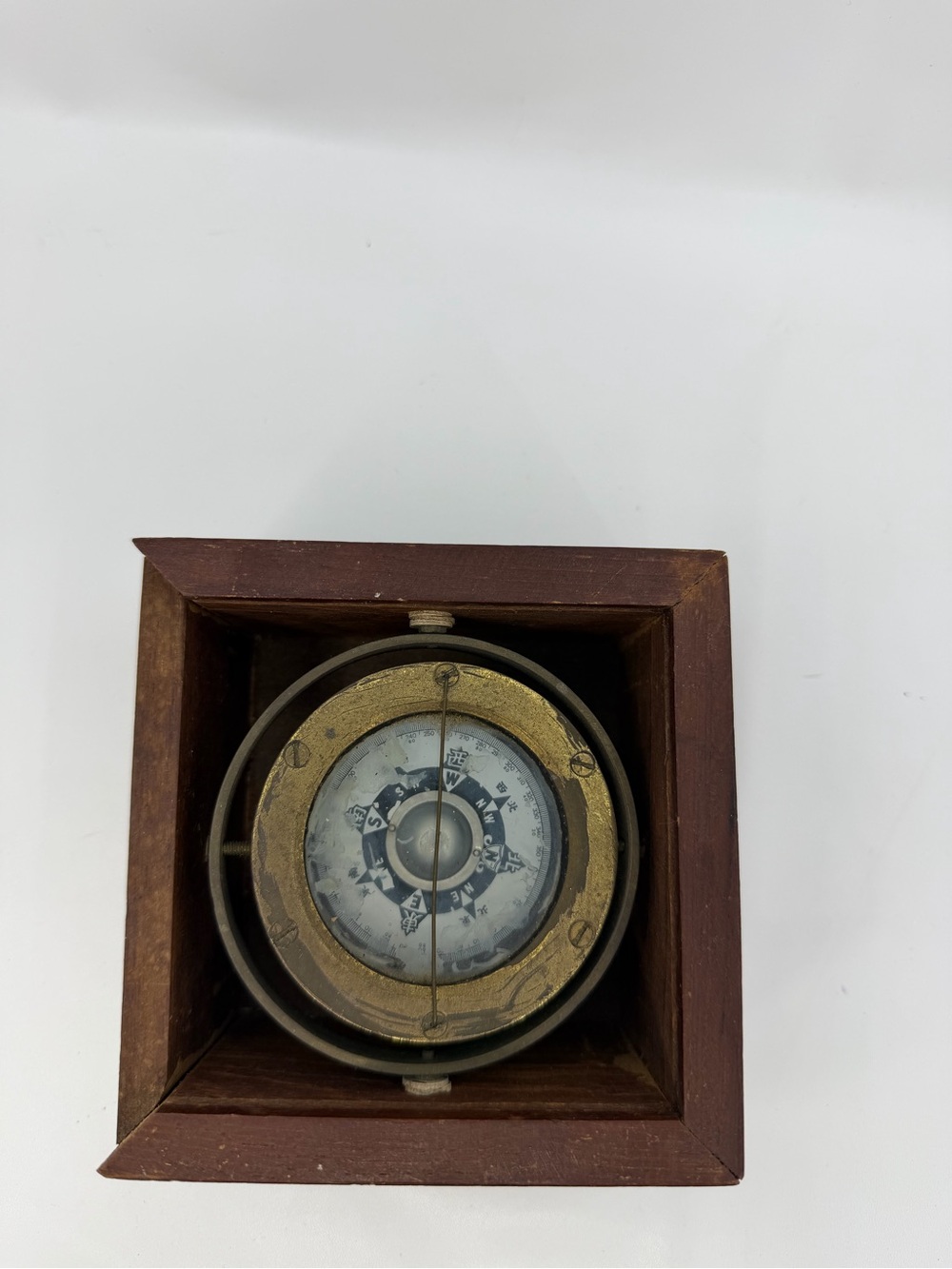 Vintage Japanese Solid Brass Nautical Compass Wood Box English Asian Marine